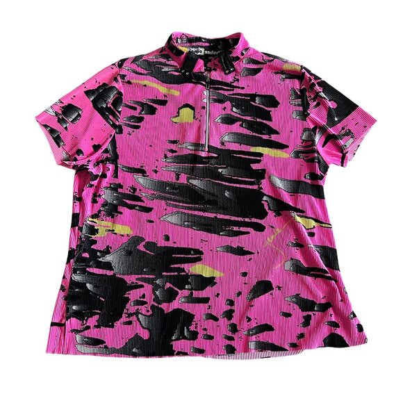 Jamie Sadock Womens XL Pink Black Abstract Quarter Zip Short Sleeve Top - Picture 1 of 8